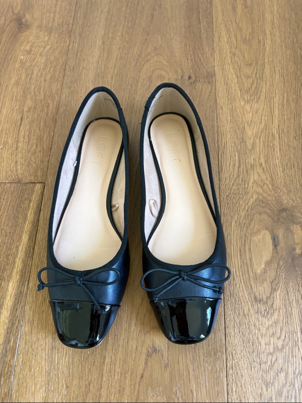 LOFT Black Leather Ballet Flats with Patent Toe and Bow